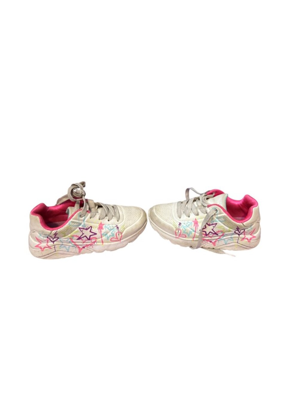 Skechers Girls Size 2: Star Print Sneakers – Memory Foam – White Multi Color